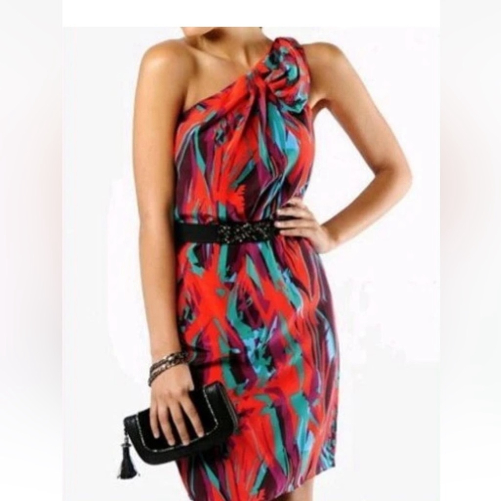 BCBGMAXAZRIA SILK CORAL PASSION ONE SHOULDER DRESS Vibrant Multicolor Dress